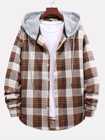 Plaid Drawstring Hooded Shirt