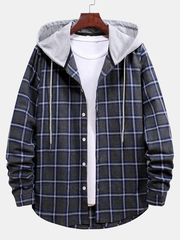 Button Up Drawstring Hooded Plaid Shirts